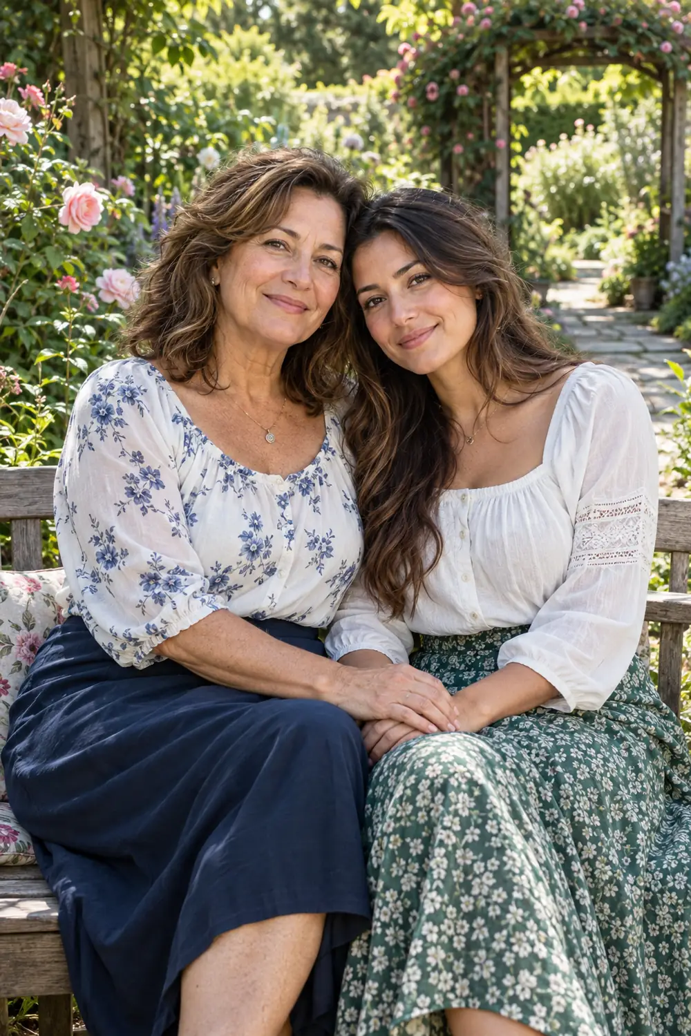 Two adult women, a mother and daughter, sit close together on a wooden bench surrounded by roses and garden foliage.