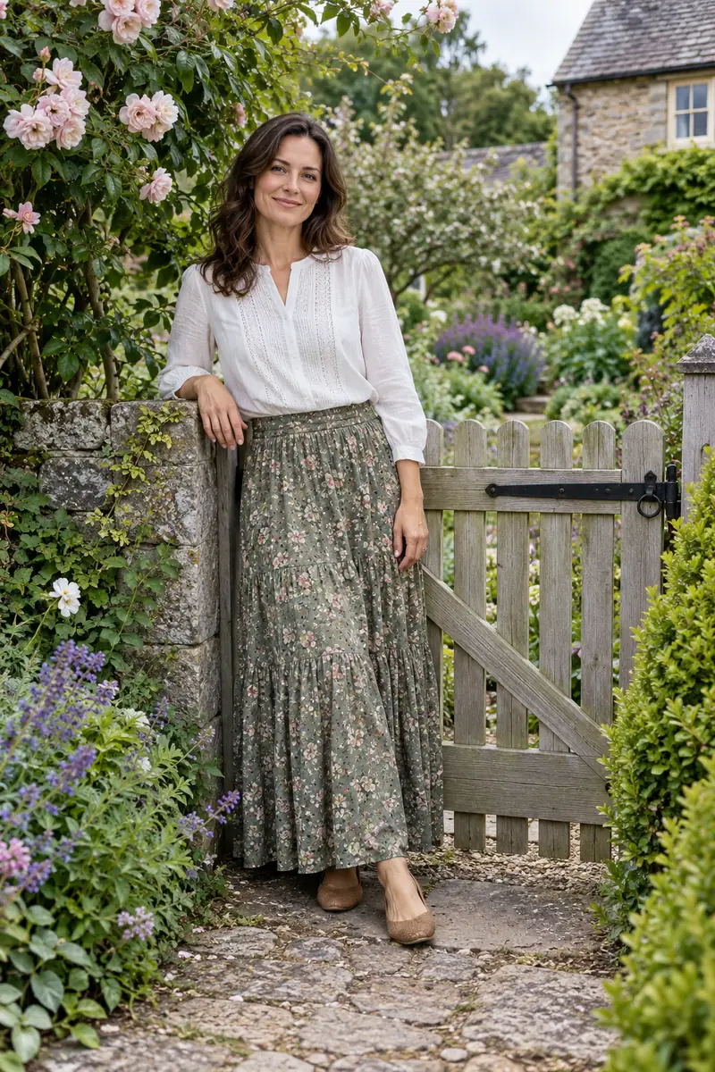 Full-length portrait of a woman in a white blouse and long floral skirt beside a closed wooden garden gate, surrounded by flowering plants.