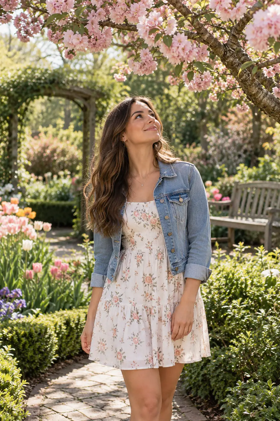 Adult woman in a denim jacket and floral dress looking up beneath pink spring blossoms in a garden with flower beds and a bench.