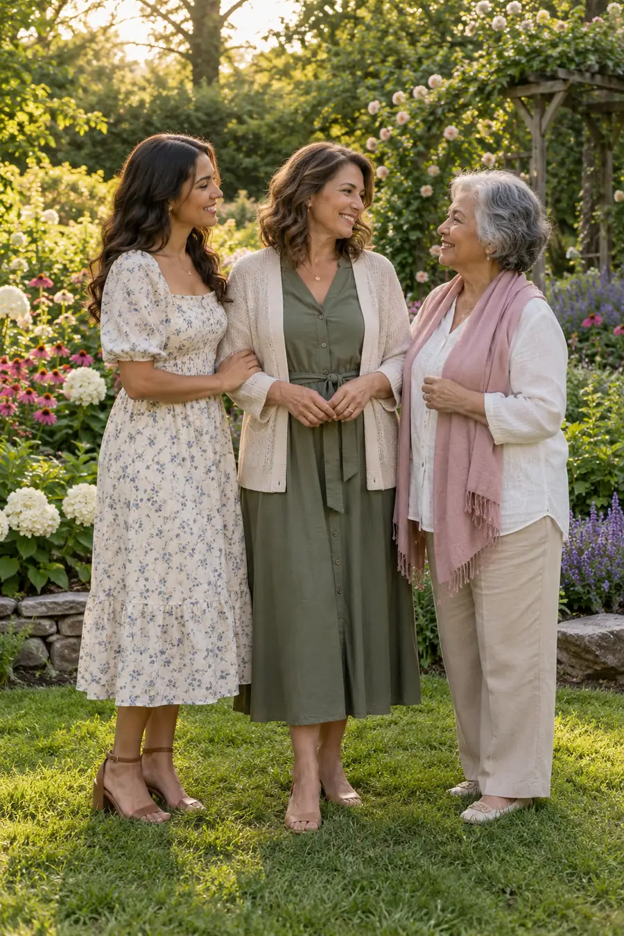 Three adult women in complementary muted outfits sharing a smile on a lawn, surrounded by flowers, a rose arbor, and trees in late-afternoon light.