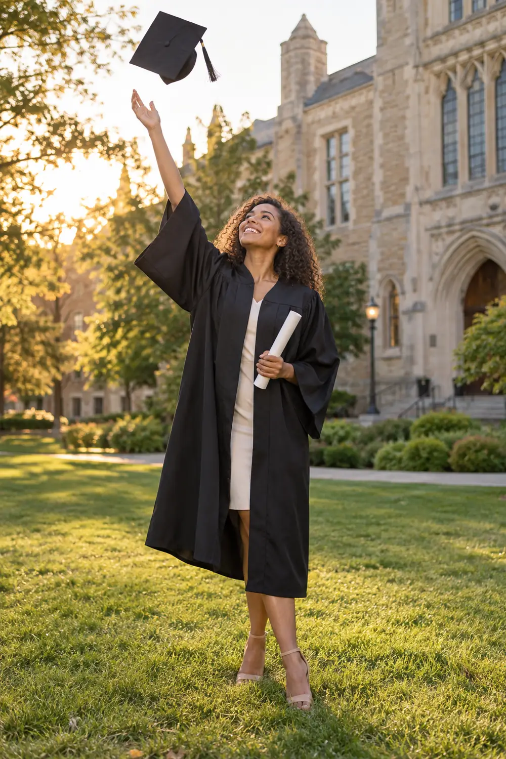 Adult woman in a dark graduation gown smiling and tossing her cap above a campus lawn while holding a diploma.