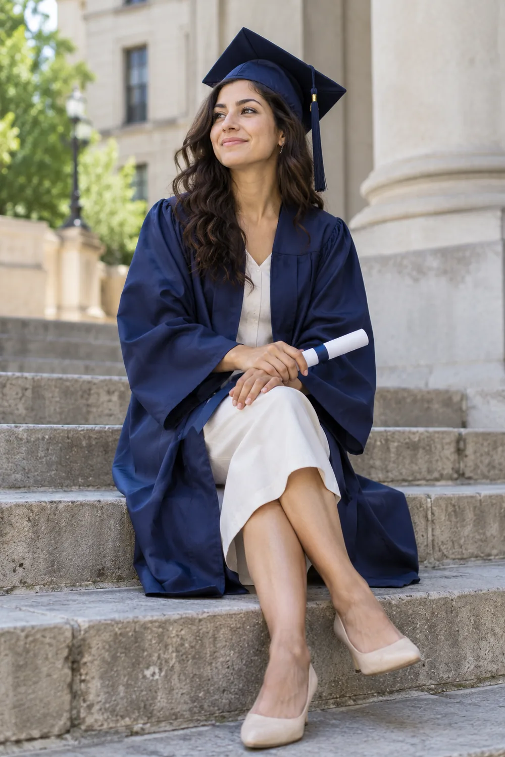 Adult woman in a navy graduation gown and cap seated on stone steps, holding a rolled diploma across her lap.