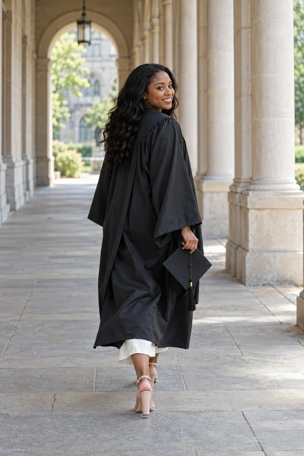 Adult woman in a black graduation gown walking under a columned campus walkway, looking back and carrying a graduation cap at her side.
