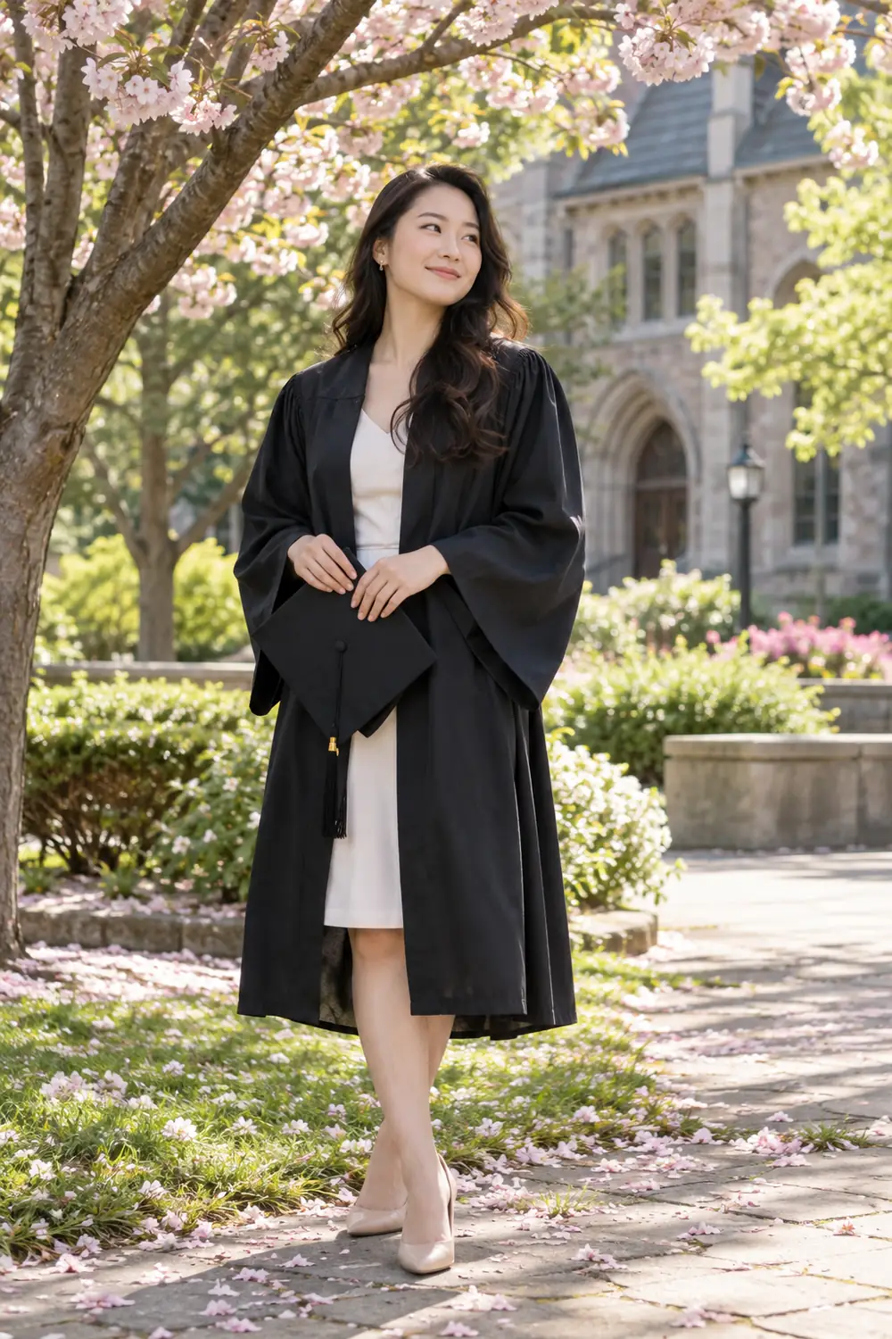 Adult East Asian woman in a black graduation gown holding a cap beneath a flowering tree in a campus garden.