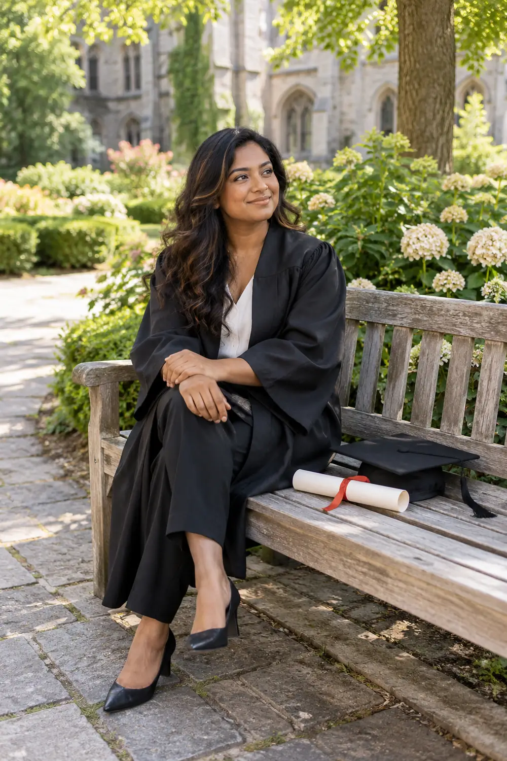 Adult woman in a black graduation gown seated on a wooden garden bench, with her cap and rolled diploma beside her.