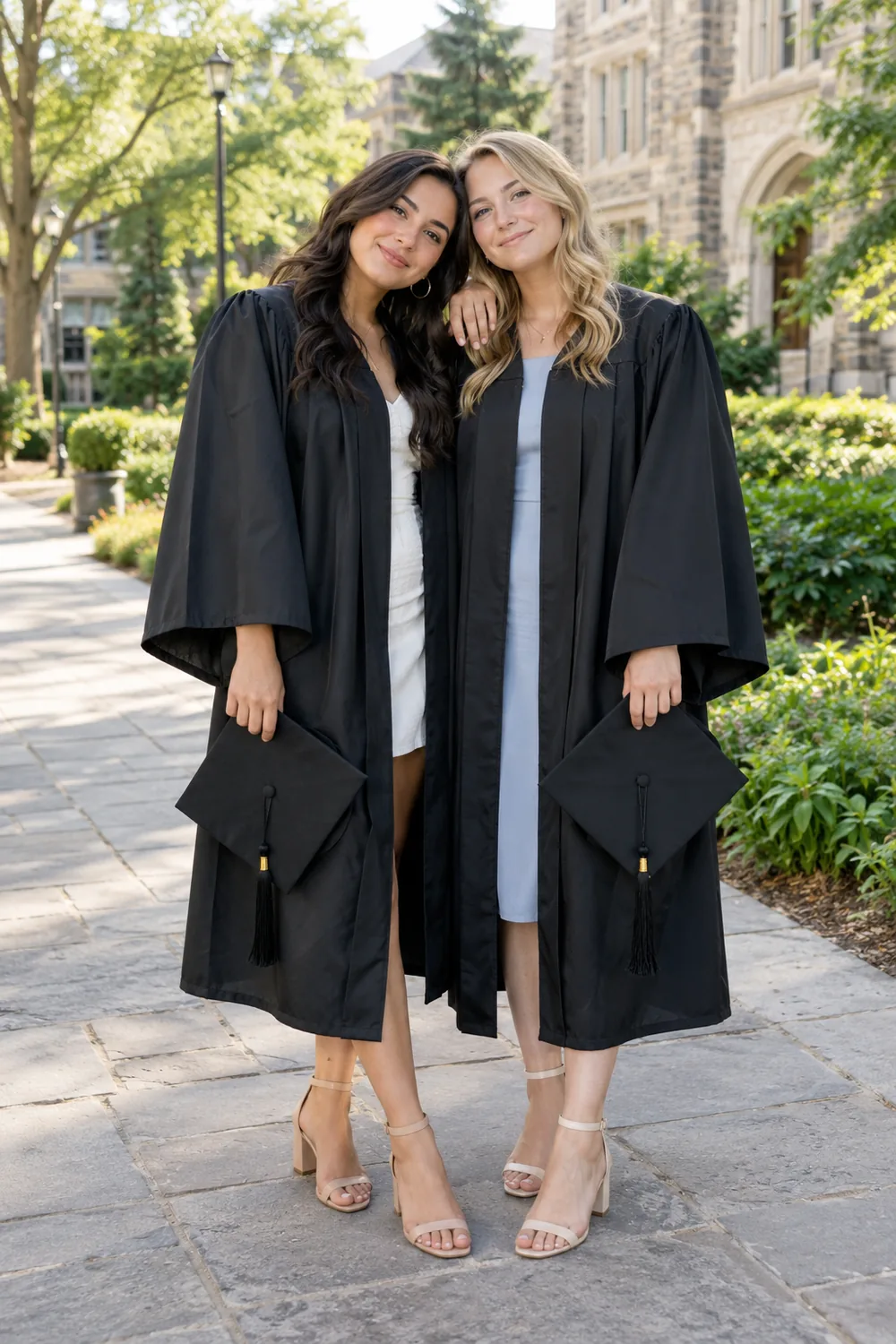 Two adult women in black graduation gowns stand together on a campus path, each holding a cap, with one resting her hand on the other's shoulder.