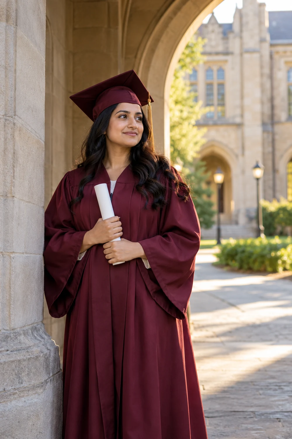Adult South Asian graduate in a burgundy cap and gown holding a plain diploma beneath a stone arch, with a softly blurred campus-style building behind her.