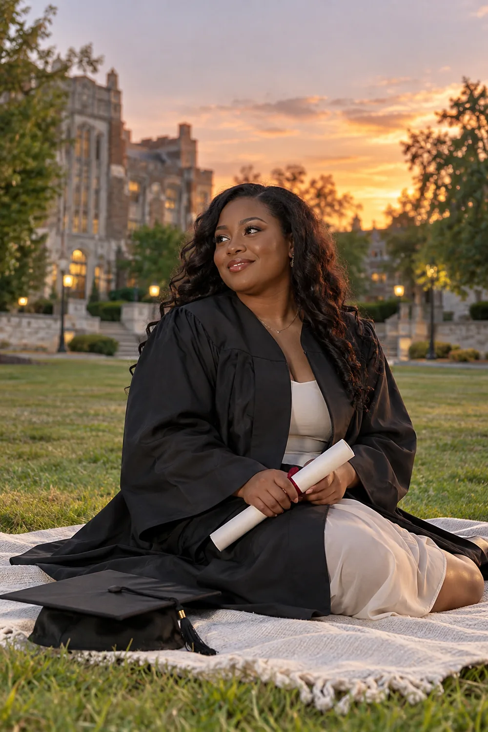 Adult Black woman in a graduation gown seated on a blanket at dusk, holding a diploma with her cap beside her on a campus lawn.