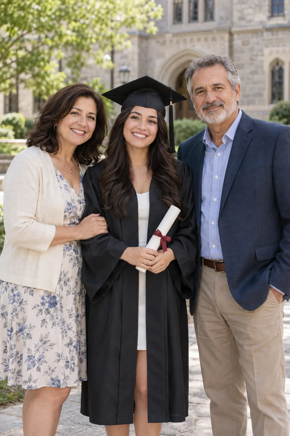 A woman graduate in a black cap and gown stands holding a diploma between two adult relatives in a leafy stone courtyard.