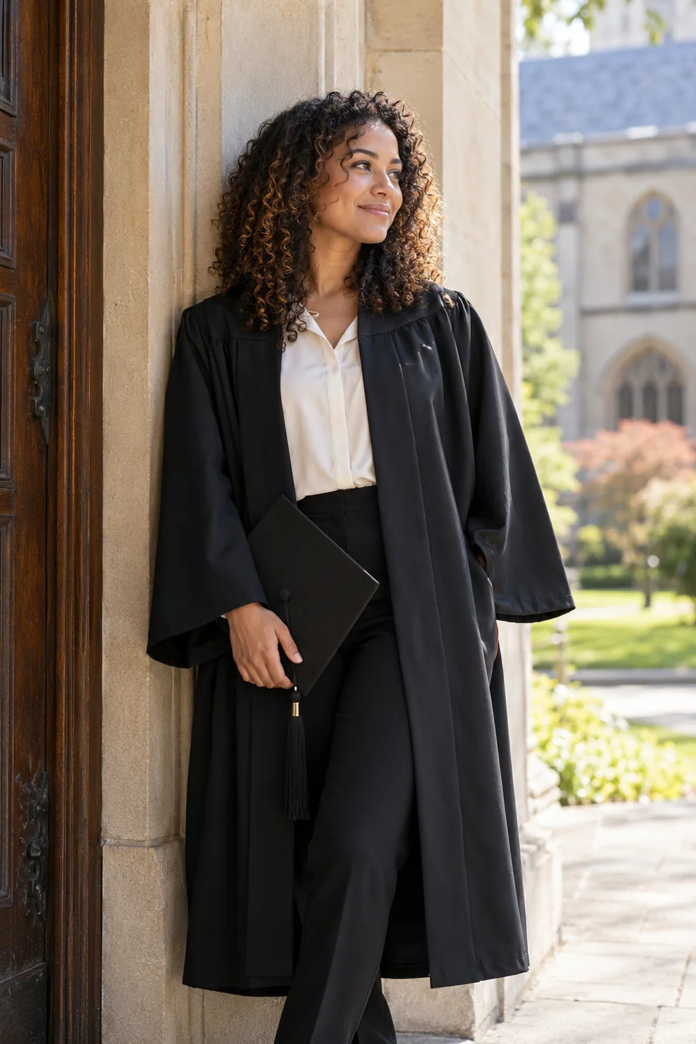 Adult woman in a black graduation gown leaning beside a stone doorway, holding her cap and looking toward soft side light.