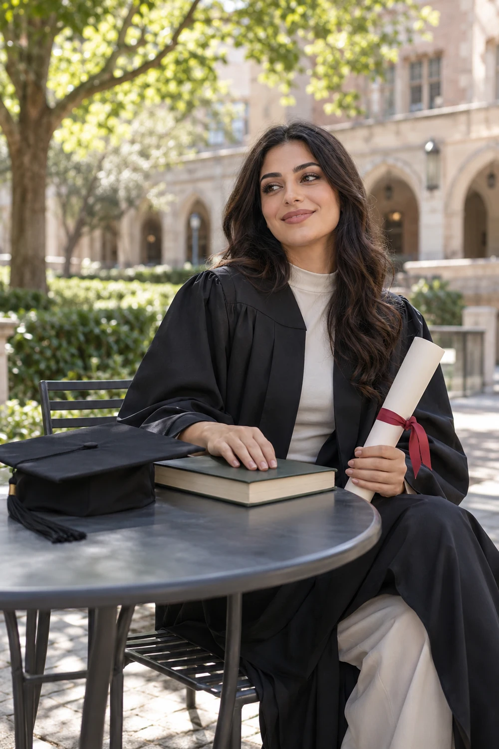 Adult woman graduate seated at a courtyard table with a closed book, rolled diploma, and graduation cap.
