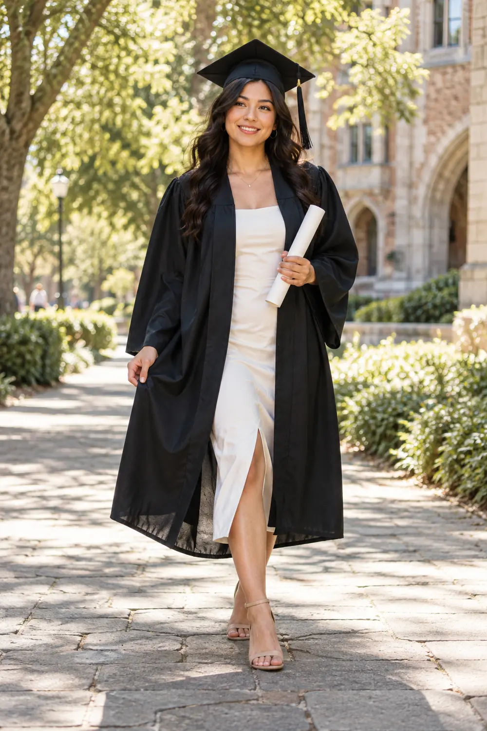 Adult woman graduate walking toward the camera on a leafy campus path, wearing a black gown and plain cap and carrying a rolled diploma.