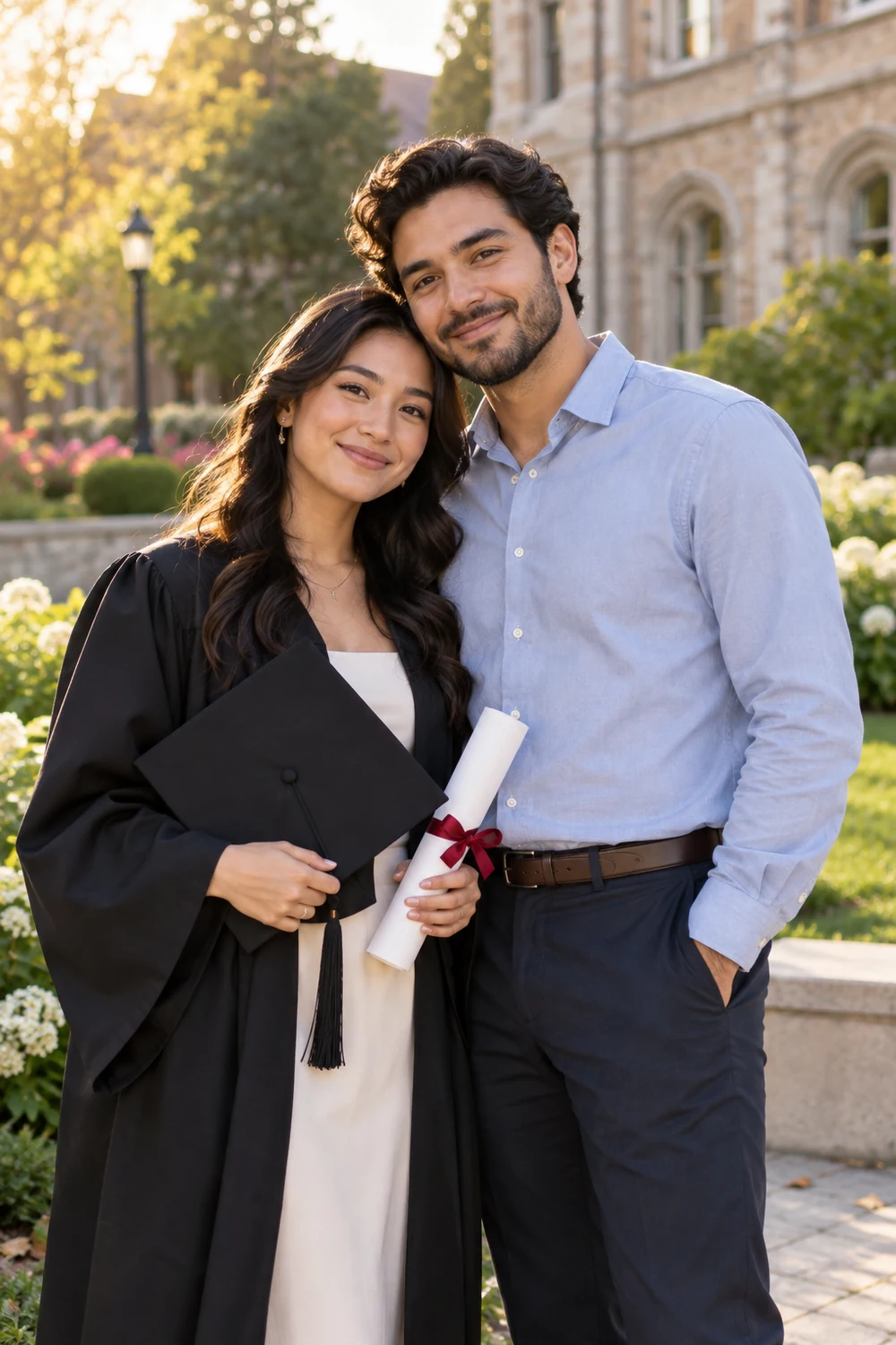 Adult woman graduate in a black gown holding a cap and rolled diploma beside her partner in a campus garden.