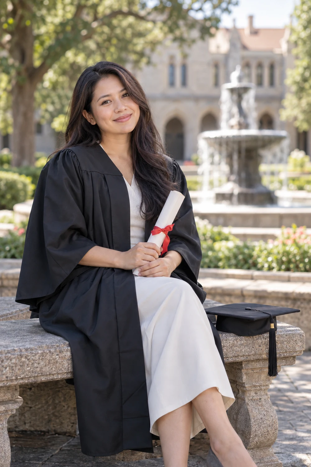 Adult woman in a black graduation gown seated on a stone bench, holding a diploma beside a softly blurred courtyard fountain; her cap rests next to her.
