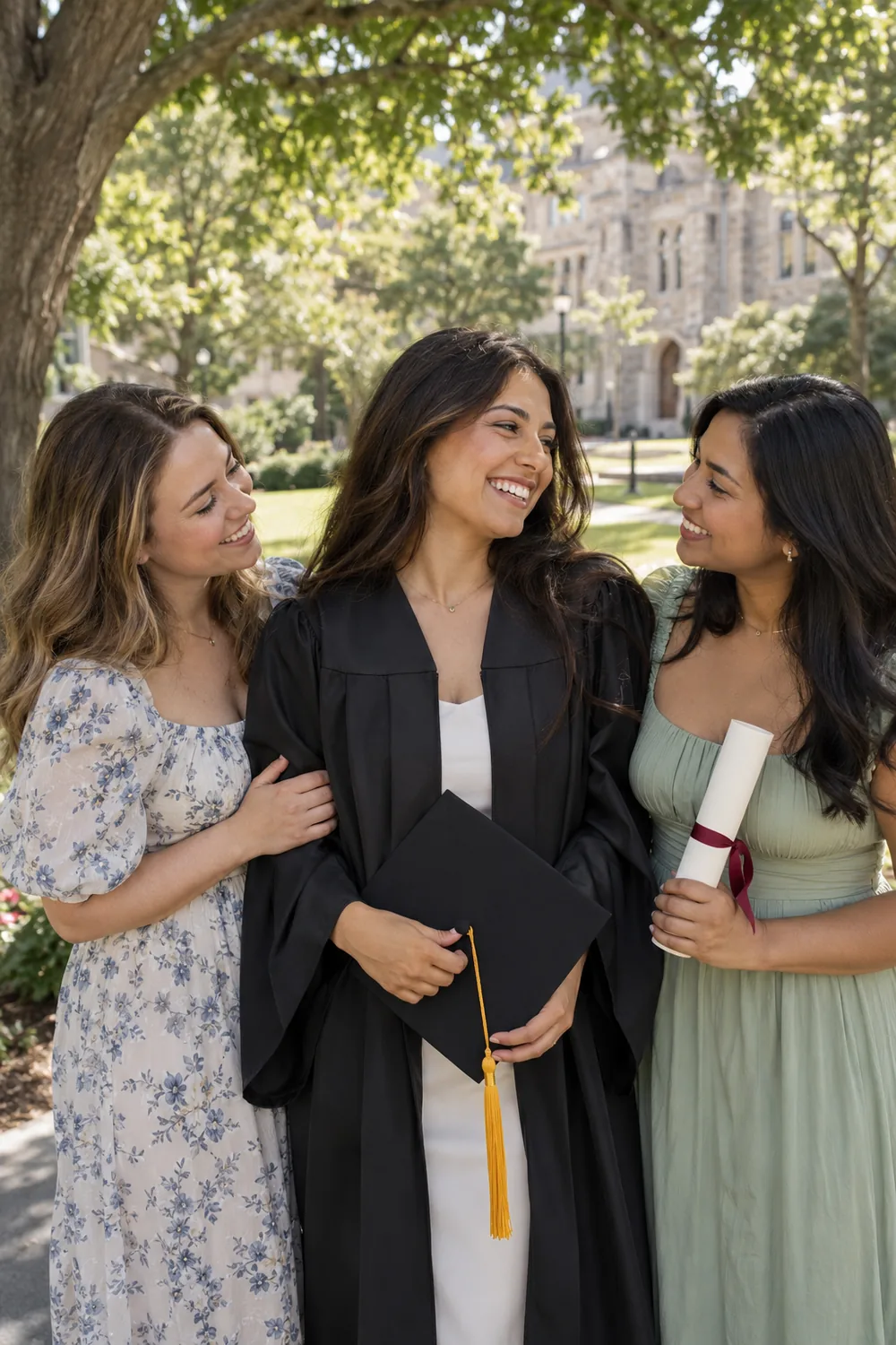 Three adult women smile together beneath campus trees; the graduate in the center holds her cap while her friend holds a diploma.