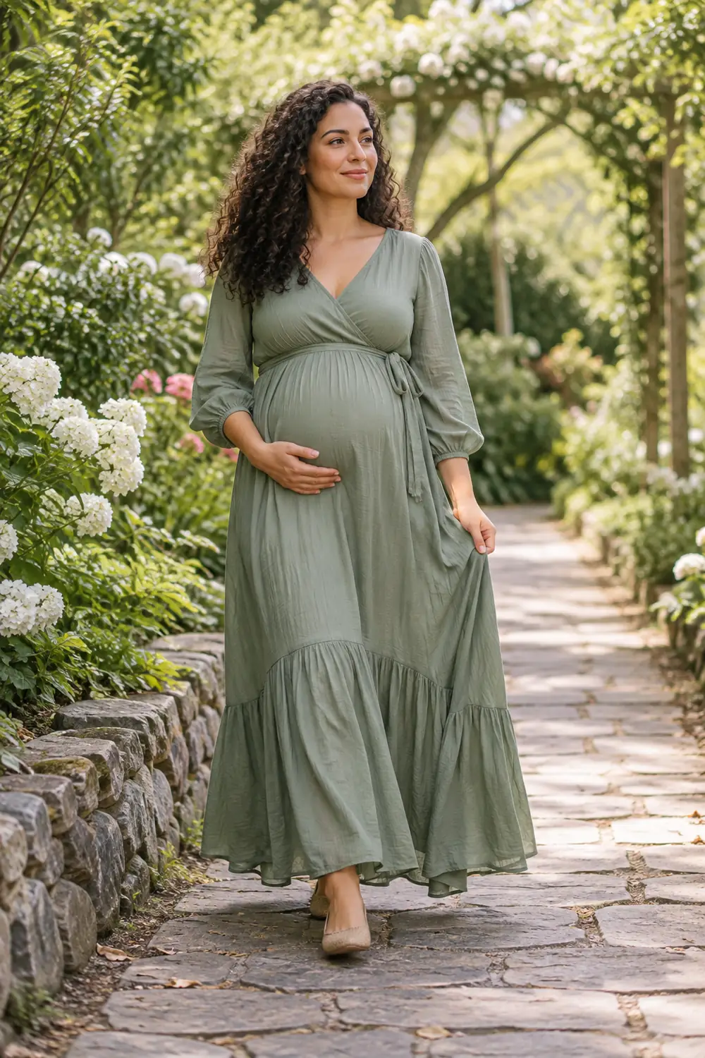 A pregnant woman with dark curly hair walks along a shaded garden path in a sage maternity dress.