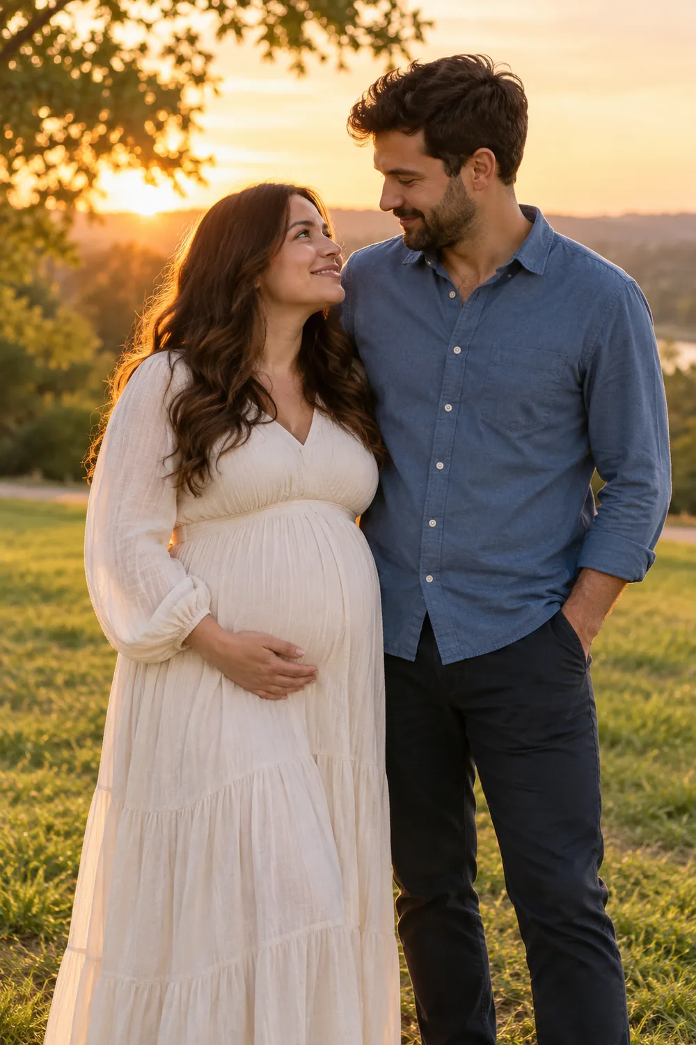 A pregnant woman in a cream dress and her partner in a blue shirt stand close together in a grassy park at sunset, looking warmly at each other.