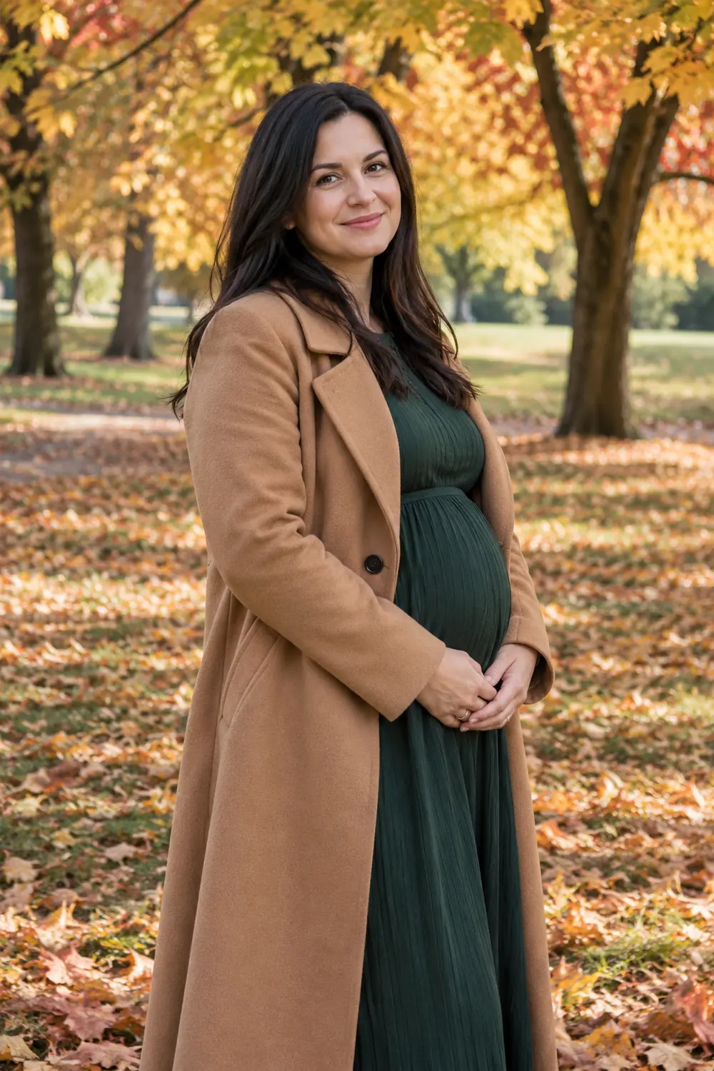 A pregnant woman with straight dark hair stands beneath autumn trees in a camel coat over a dark green dress, her hands meeting gently at her waist.
