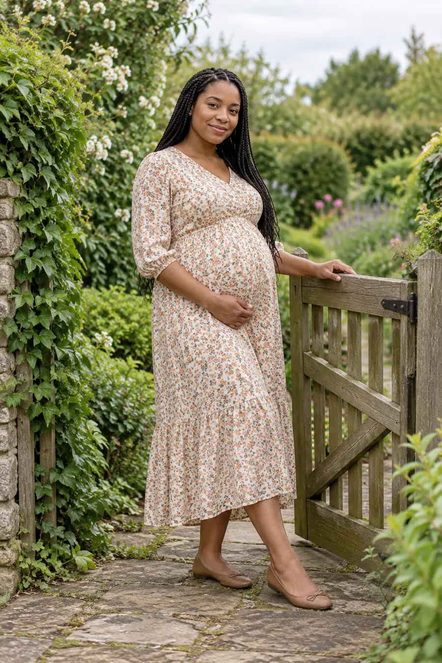 A pregnant woman with long braids stands beside a wooden garden gate in a small-floral maternity dress.