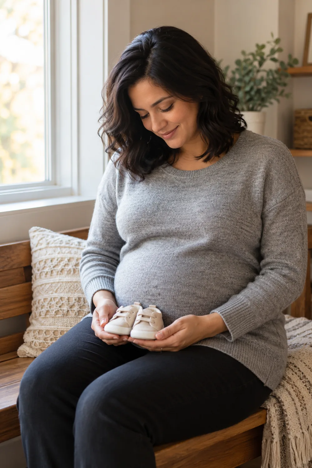 A pregnant woman in a gray sweater sits on a wooden bench by a window, looking down at a pair of baby shoes held in both hands.