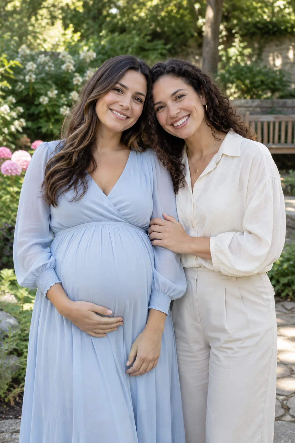 A pregnant woman in a pale blue dress and her friend in cream stand smiling together in a flower-filled garden.