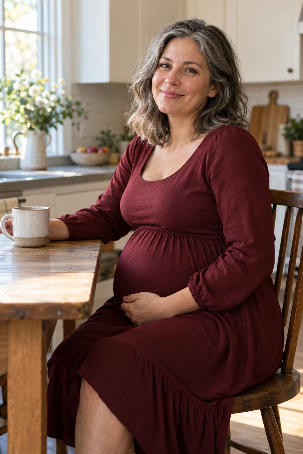 A pregnant woman with salt-and-pepper hair sits in a burgundy dress at a kitchen table beside a ceramic mug, lit by a nearby window.