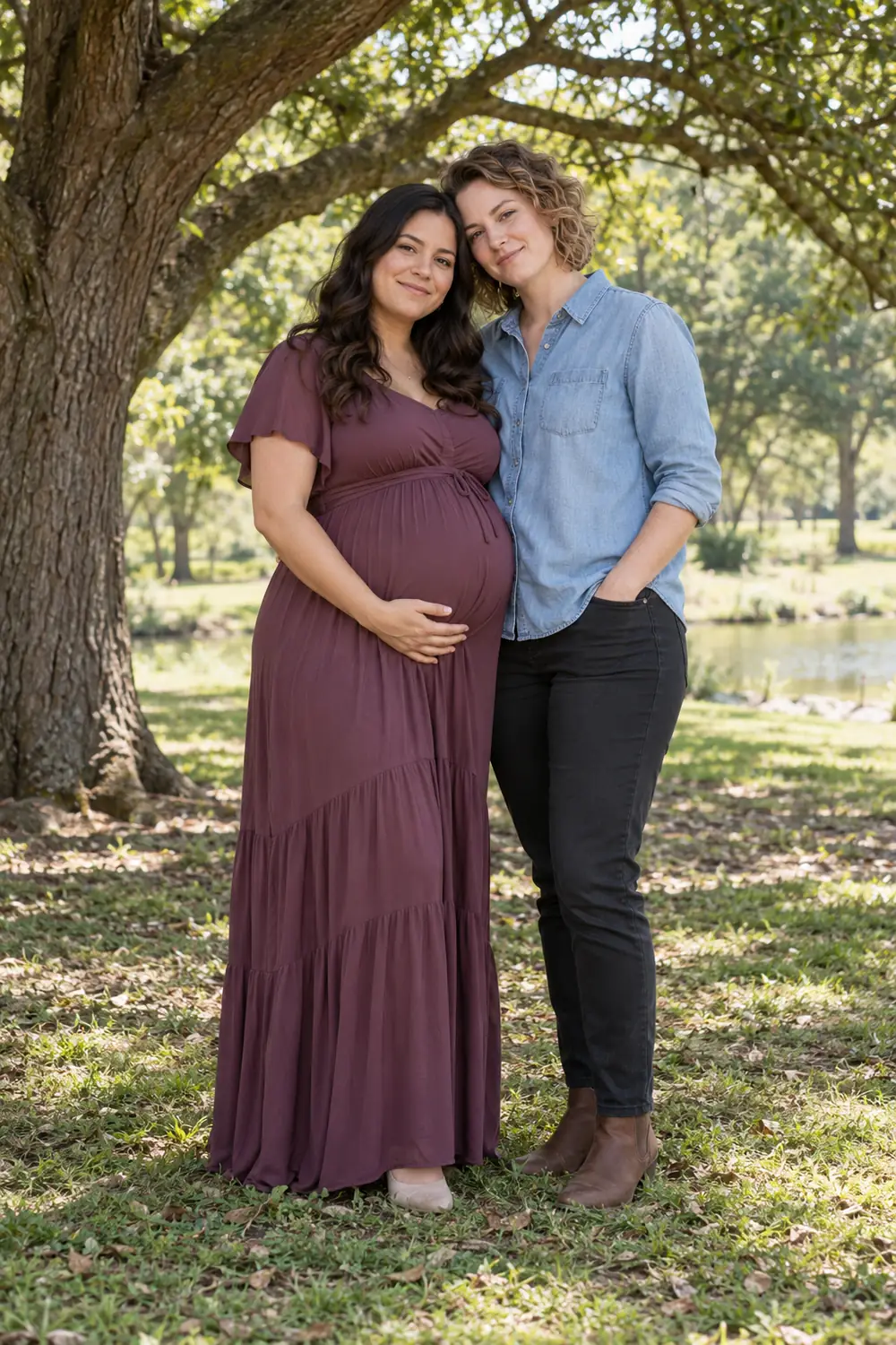 A pregnant woman in a plum dress and her adult partner in a denim shirt stand close together beneath a broad tree in a quiet park.