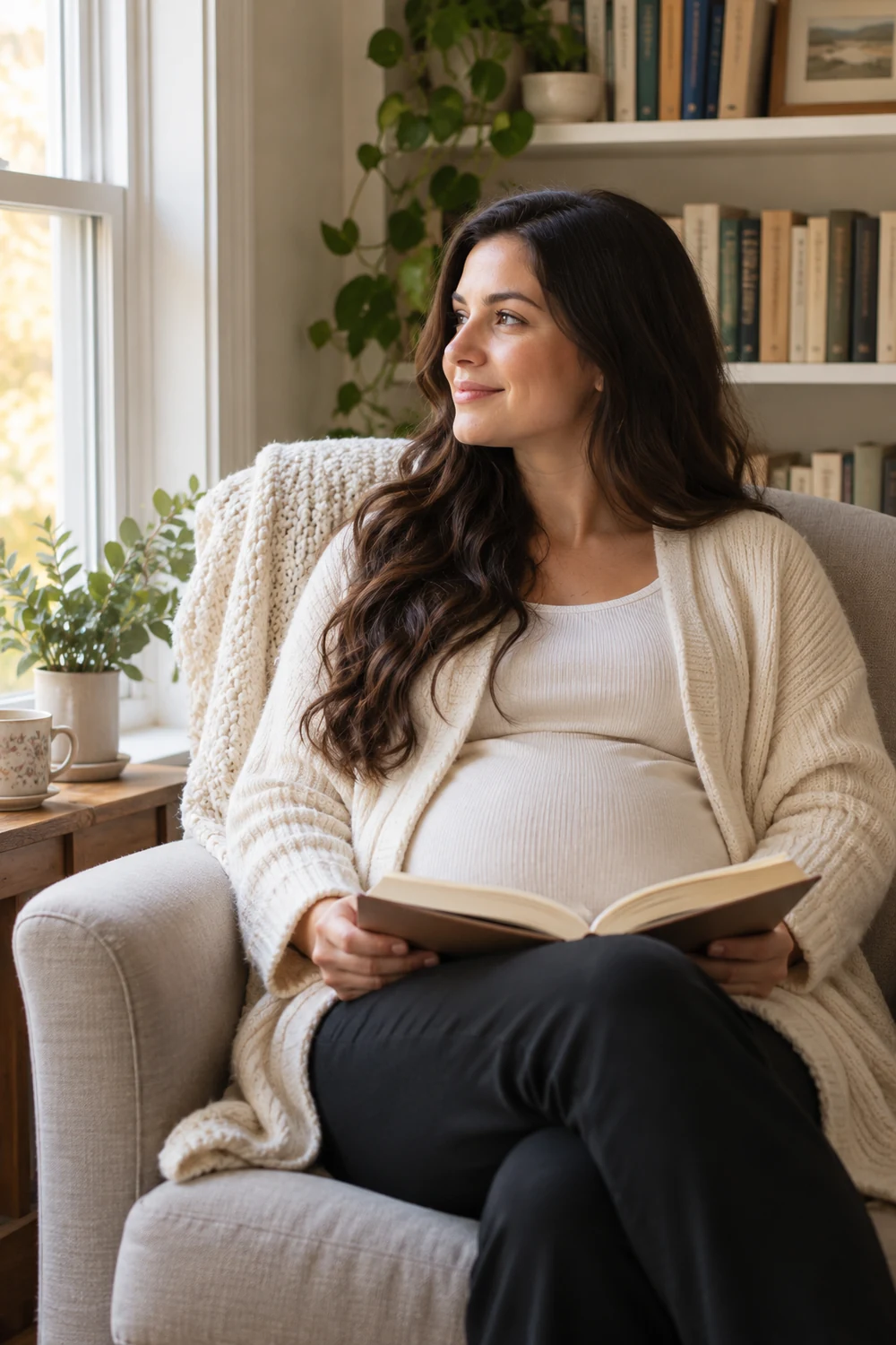 A pregnant woman with long dark hair sits in a cushioned chair, holding an open book and looking toward a bright window beside a tidy bookshelf.