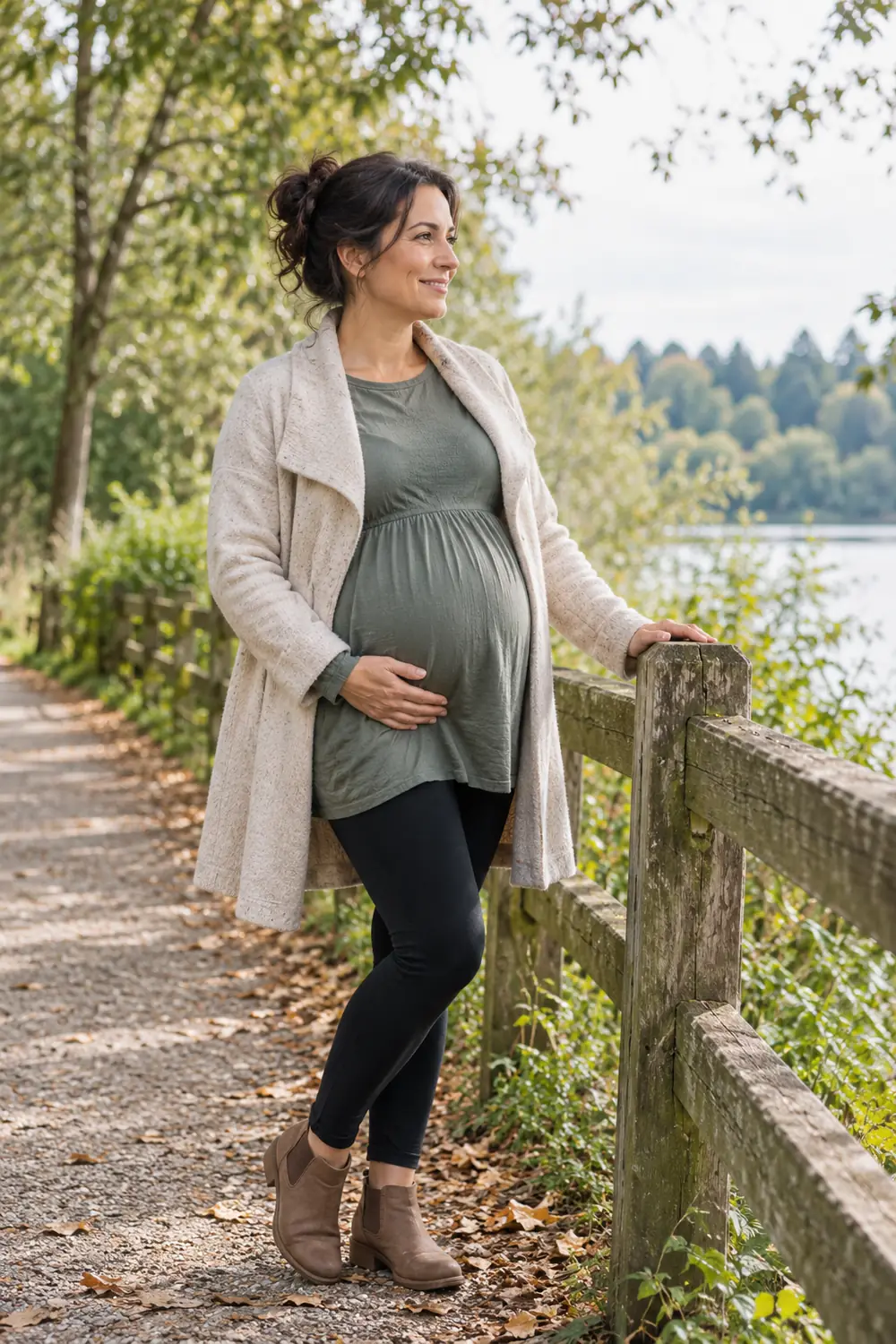 A pregnant woman in a light coat and dark leggings stands beside a wooden fence on a tree-lined path.