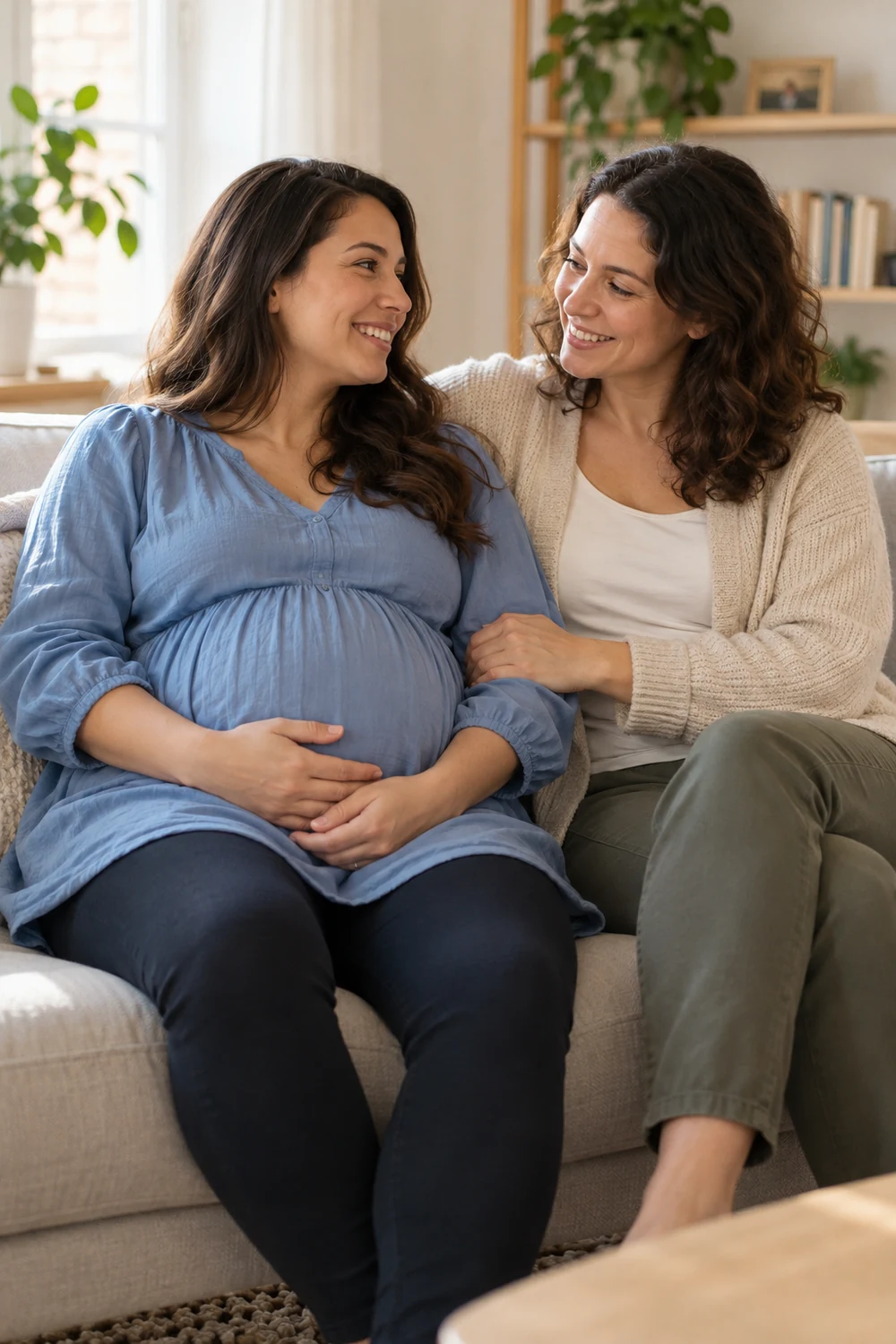 A pregnant woman in a blue tunic sits close beside her sister in a cream cardigan on a sofa, smiling at each other in a bright living room.