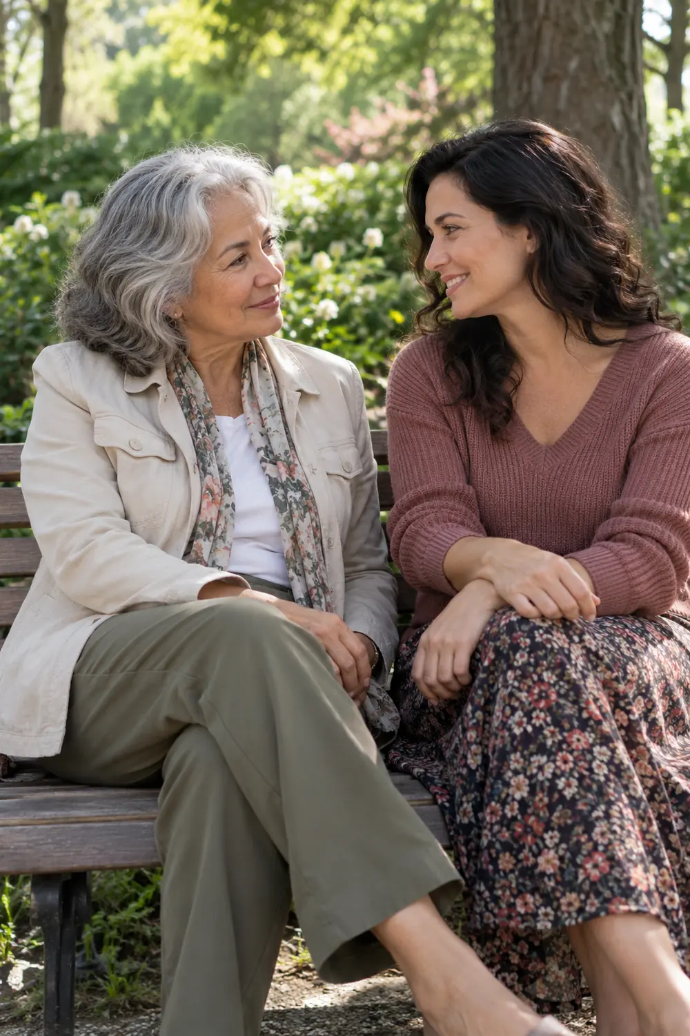 A silver-haired mother in a light jacket and her adult daughter in a mauve knit top and floral skirt sit on a park bench, smiling at each other.