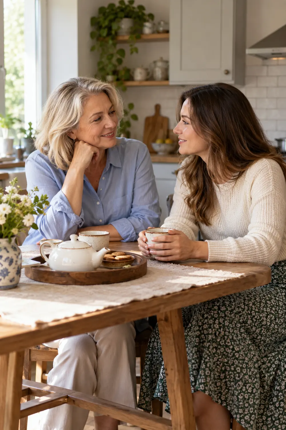 An older woman in a blue blouse and an adult woman in a cream knit top sit facing each other at a kitchen table with tea and a teapot.
