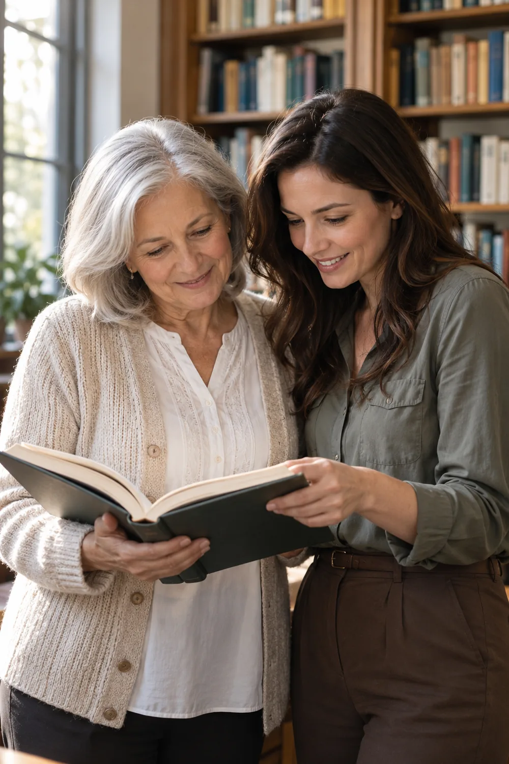 A mother and her adult daughter reading an open book together in a quiet library corner.