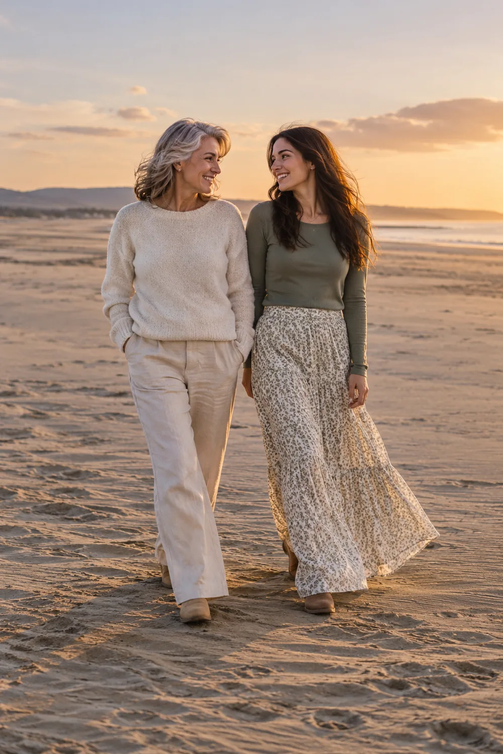 Two adult women in coastal outfits walking side by side on dry beach sand at sunset, smiling at each other.