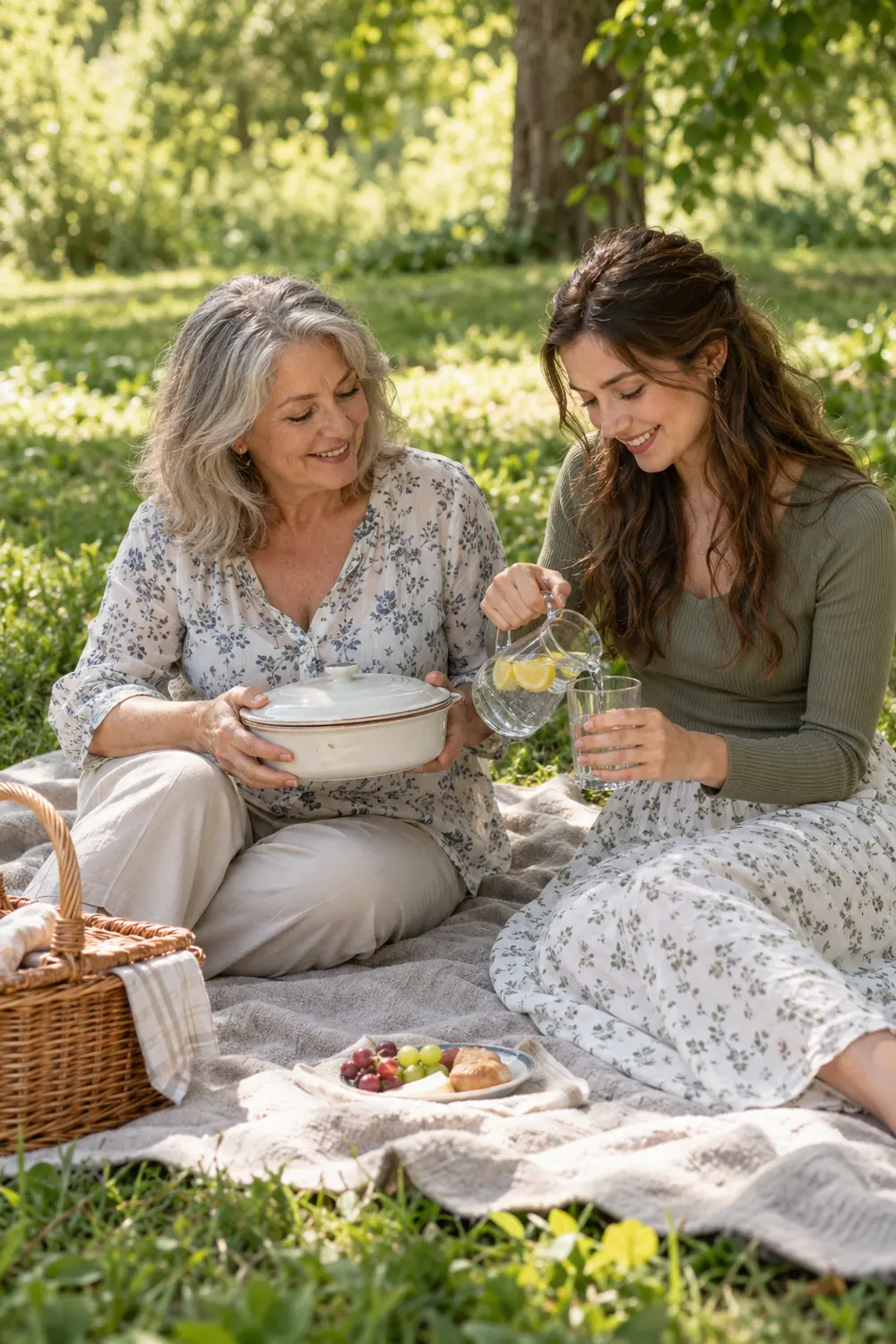A gray-haired mother and her adult daughter sit on a blanket in a sun-dappled park, smiling as the daughter pours water beside a covered dish and picnic basket.