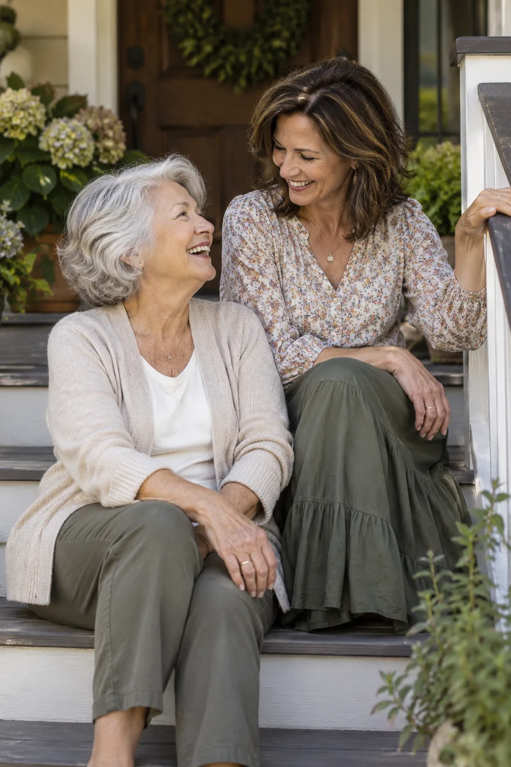 An older mother in a soft cardigan and trousers laughs with her adult daughter in a patterned blouse and long skirt as they sit together on porch steps.
