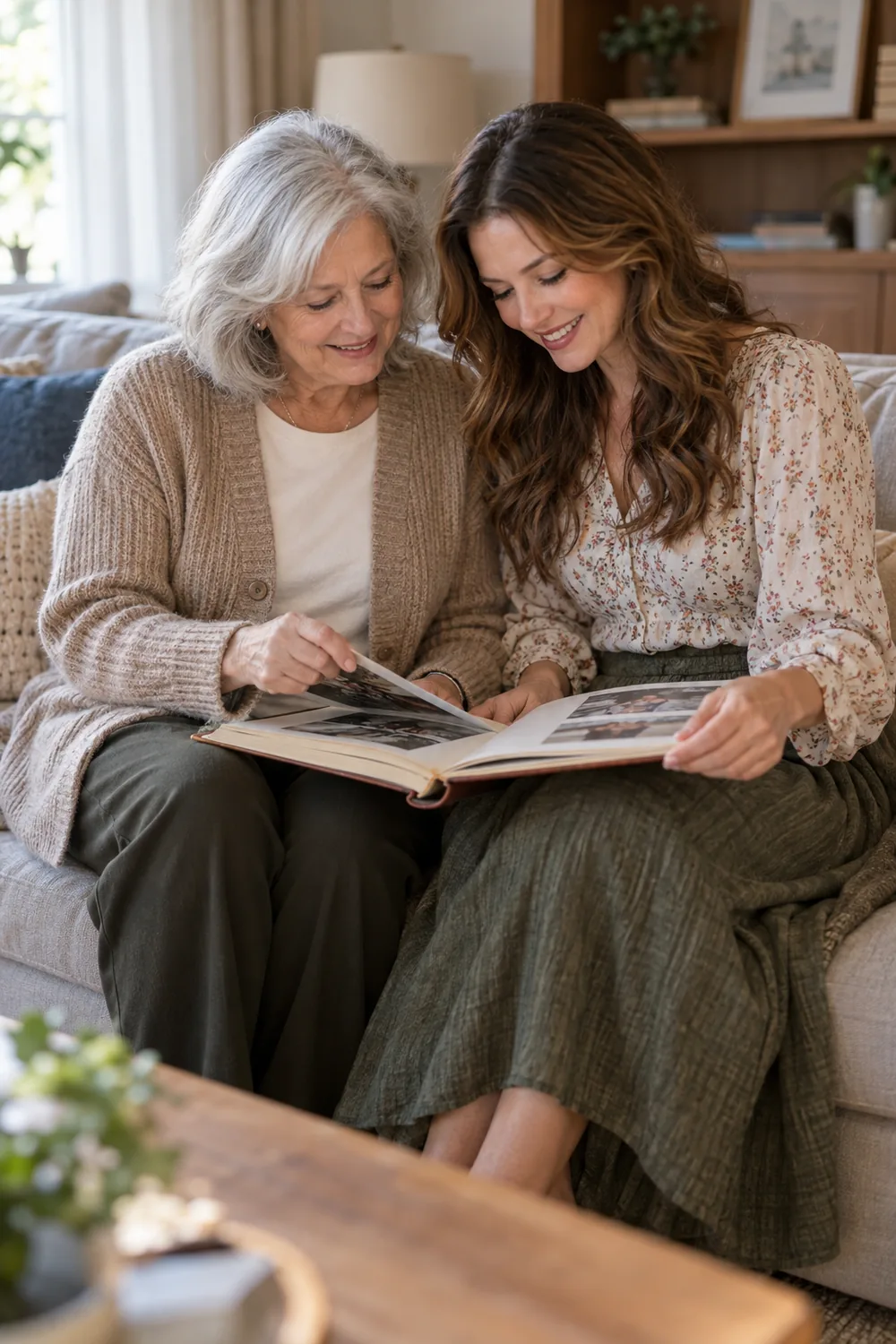An older woman and her adult daughter sit together on a sofa, looking through a family photo album in a softly lit living room.