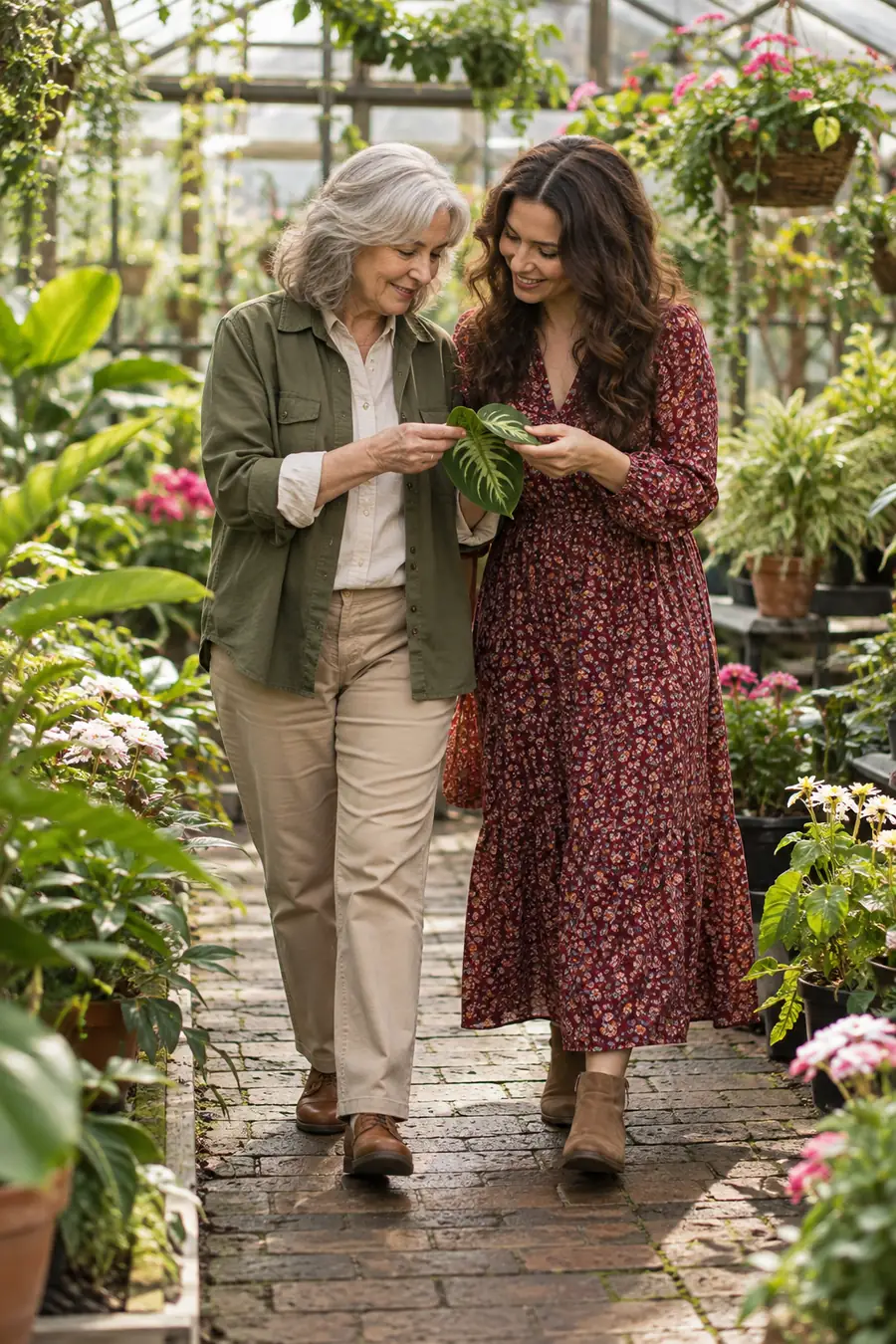 Two adult women walk through a leafy greenhouse, smiling together as they look at a plant leaf.