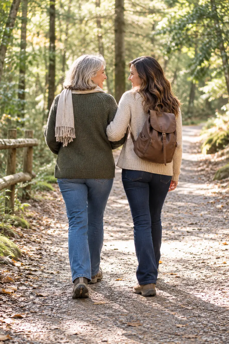 An older mother and her adult daughter walk arm in arm along a woodland trail, smiling toward each other in dappled morning light.