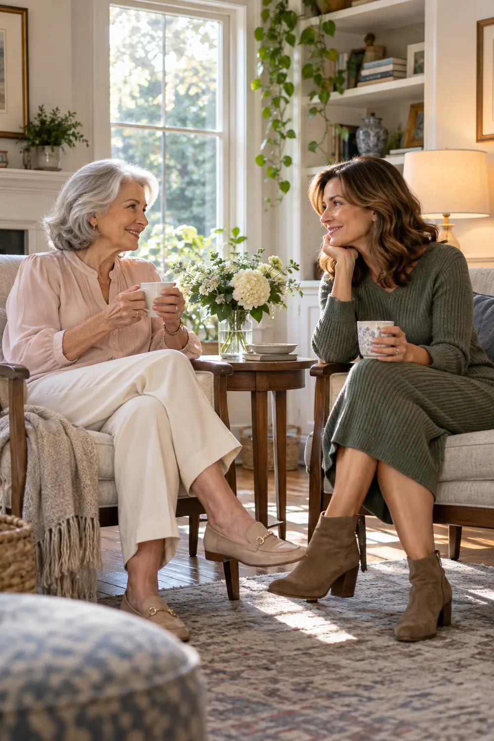 An older mother in a soft blouse and trousers sits facing her adult daughter in a knit dress, with a small table and cup between them beside a bright window.