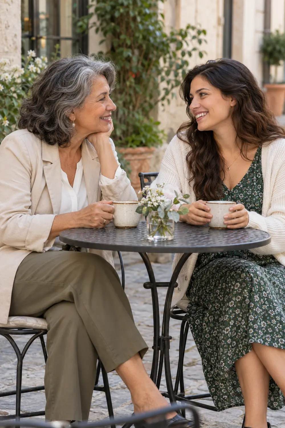 A gray-haired mother and her adult daughter smiling at each other over two cups at an outdoor café table in a leafy courtyard.