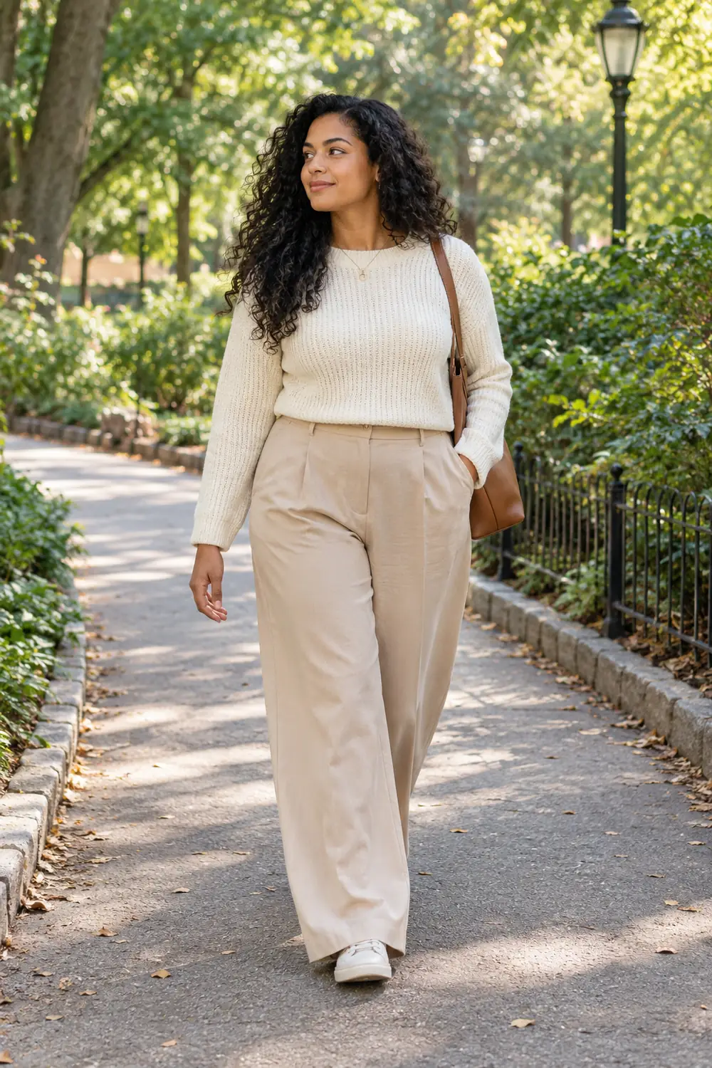 A woman in a cream knit top and wide-leg trousers walking along a leafy park path and glancing aside.
