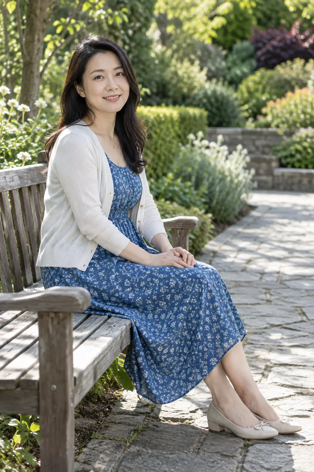 A woman in a blue patterned midi dress and light cardigan sits sideways on a wooden bench beside a stone path in a leafy garden.