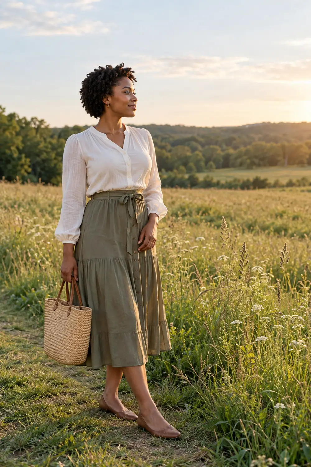 A woman with short coily hair stands at a sunlit meadow edge, holding a woven tote and looking across the grass.