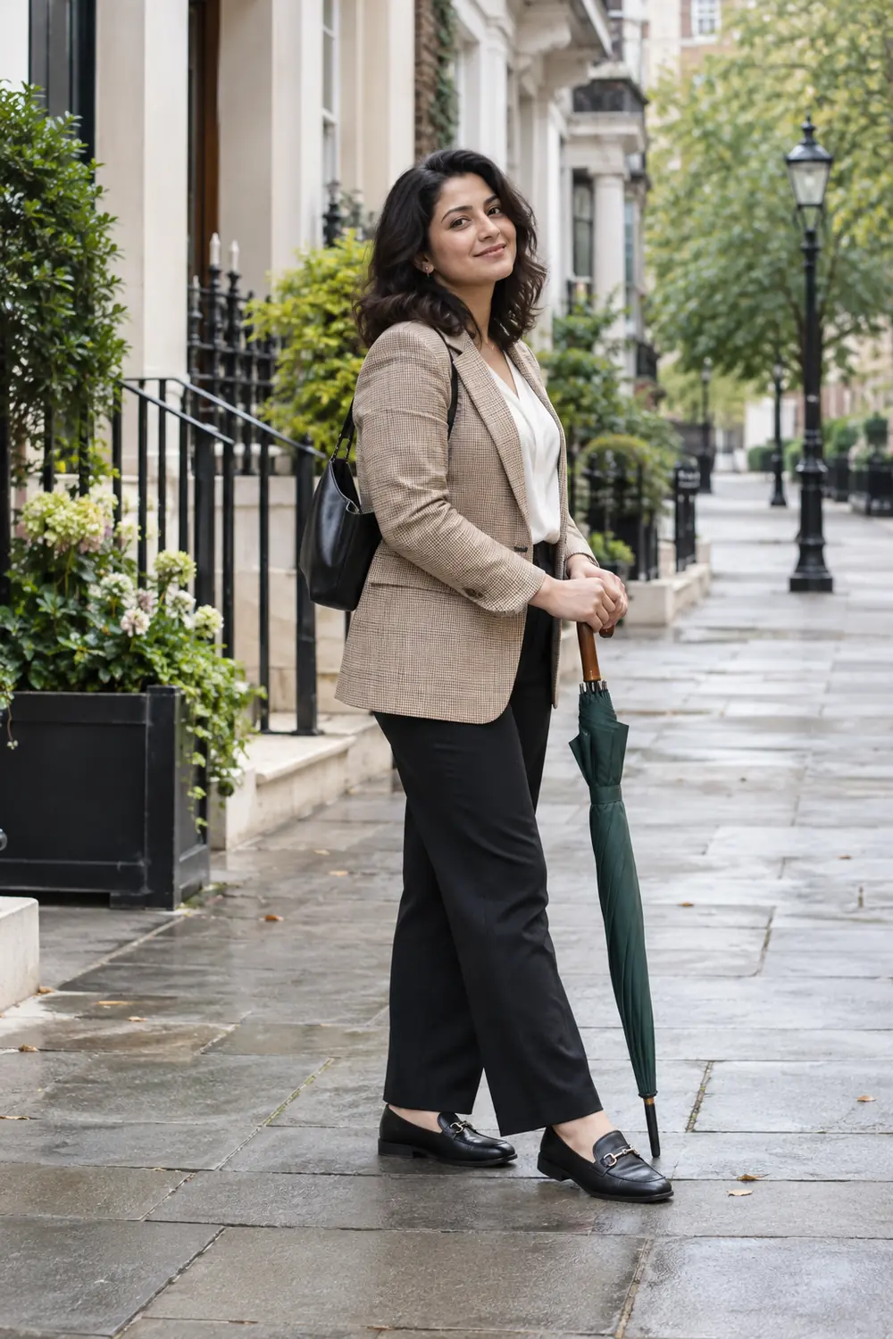 A woman in a tailored jacket and trousers turns toward the camera on a quiet city sidewalk, holding a closed umbrella.