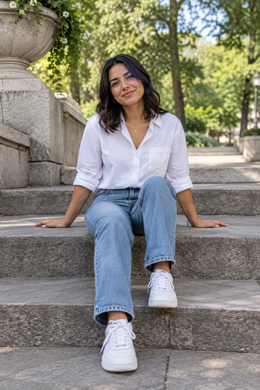A woman in a white button-up shirt, straight-leg jeans and sneakers sits on broad stone steps in a leafy park.