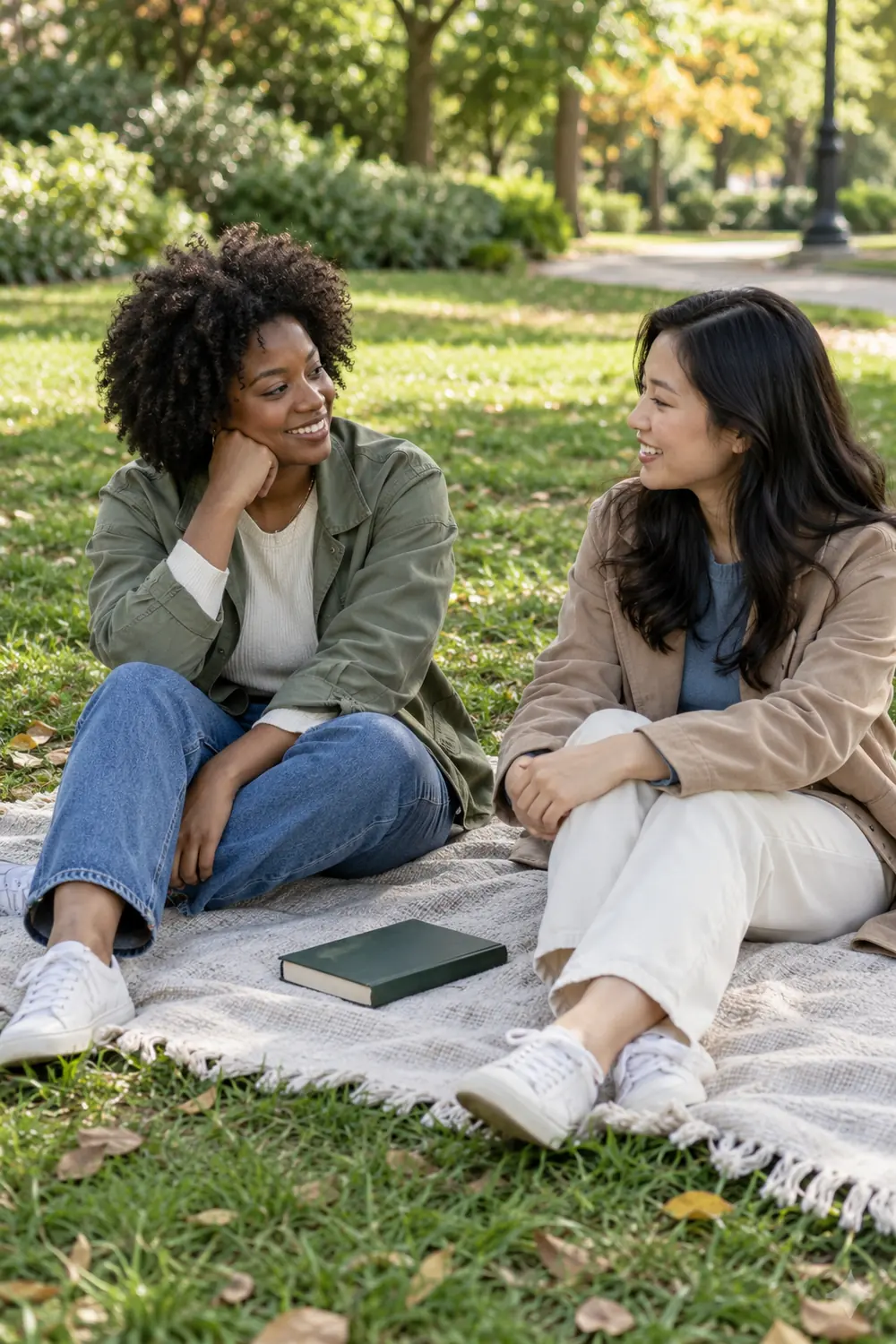 Two women in casual layered outfits sit smiling together on a blanket on a park lawn, with a closed book beside them.