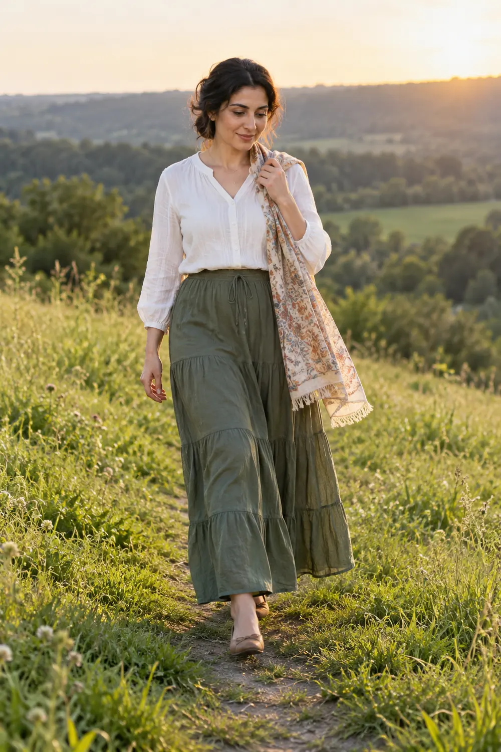 A woman in a white blouse and long green skirt walks along a grassy meadow path, holding a light patterned scarf as the sun sets behind her.