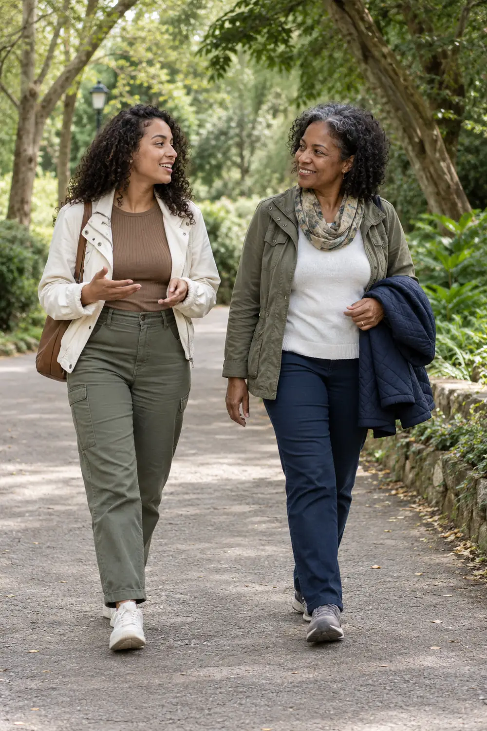 Two adult women with curly hair walking and talking on a tree-lined park path; one carries a folded jacket.