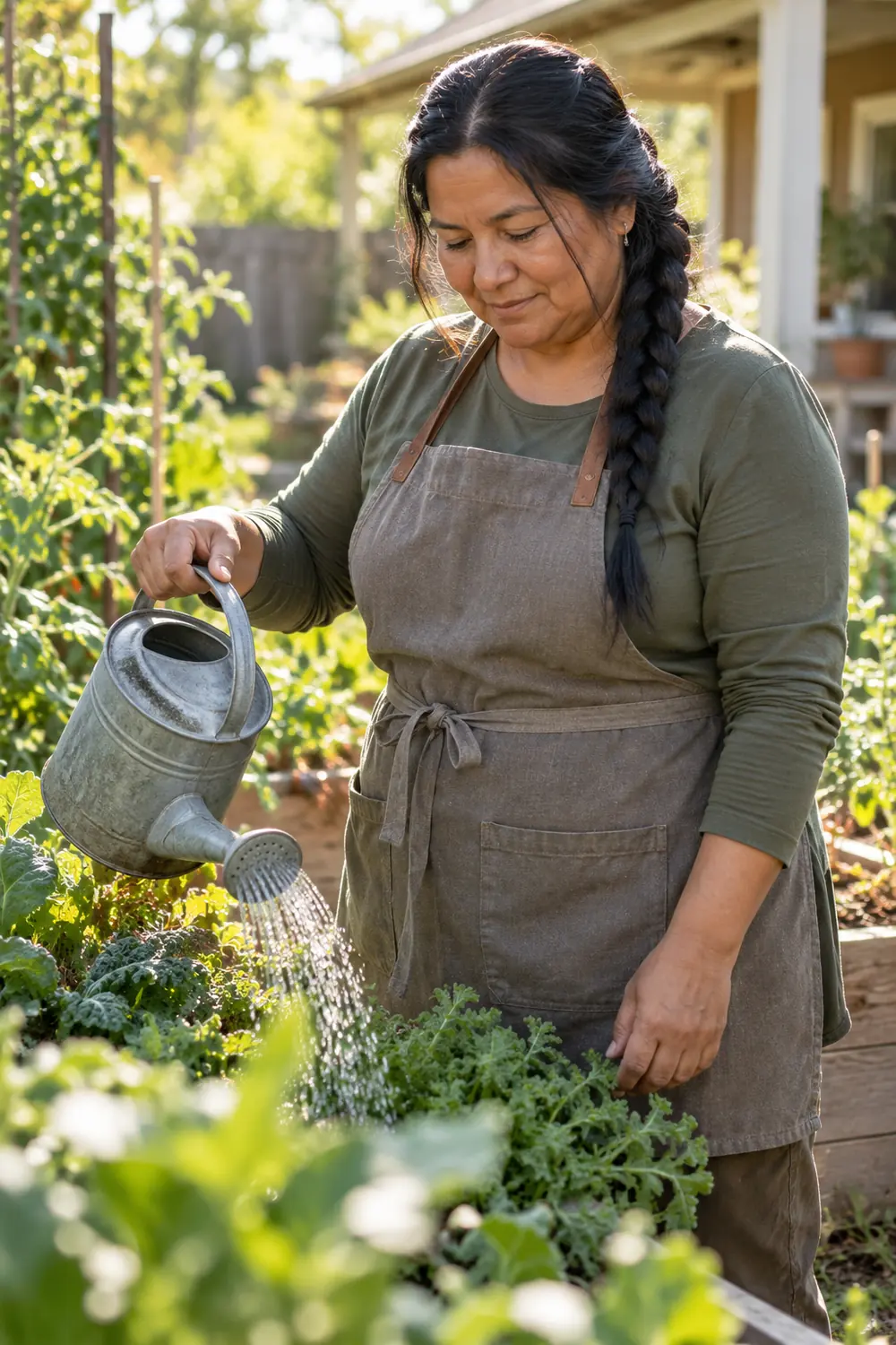 A woman in a gardening apron waters leafy plants in a home garden, with soft morning light and blurred leaves in the foreground.